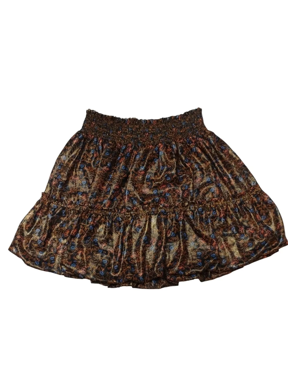 Free People Black, Gold Paisley Tiered Smocked Mini Skirt SZ L